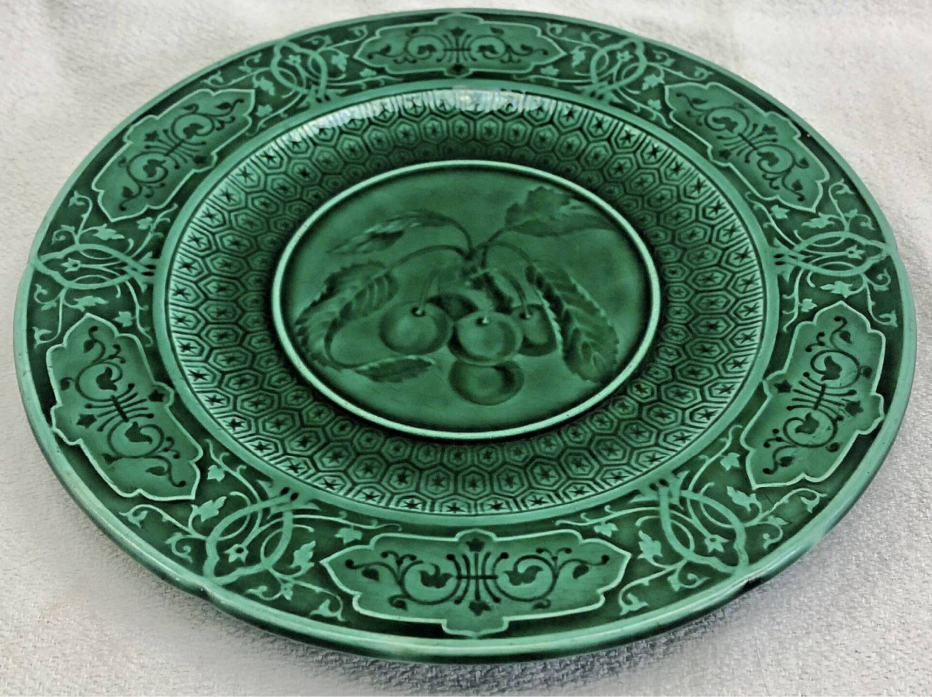 3 fruit plates Sarreguemines majolica shaded enamel Rubelles