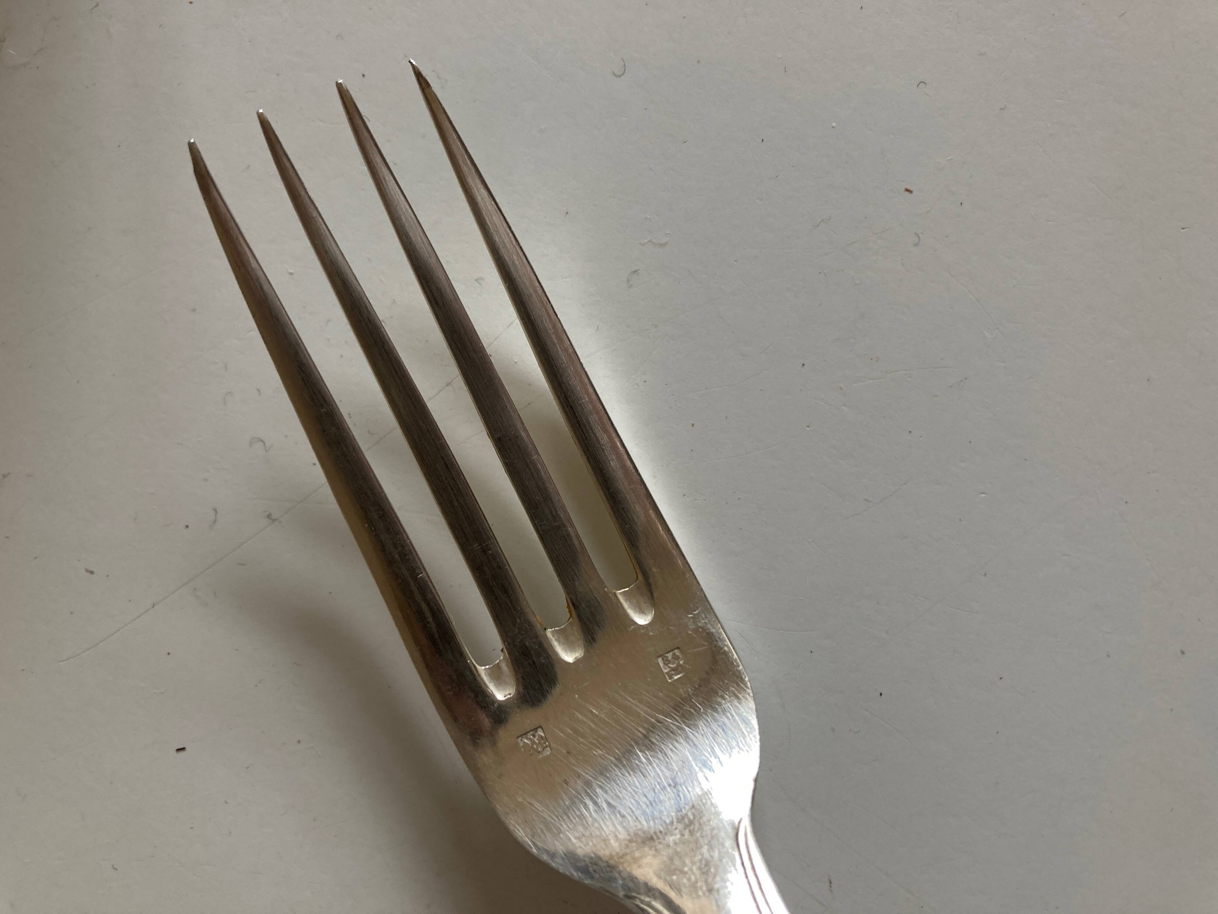 Set of 6 forks, 6 spoons, 6 small modernist spoons in silver metal