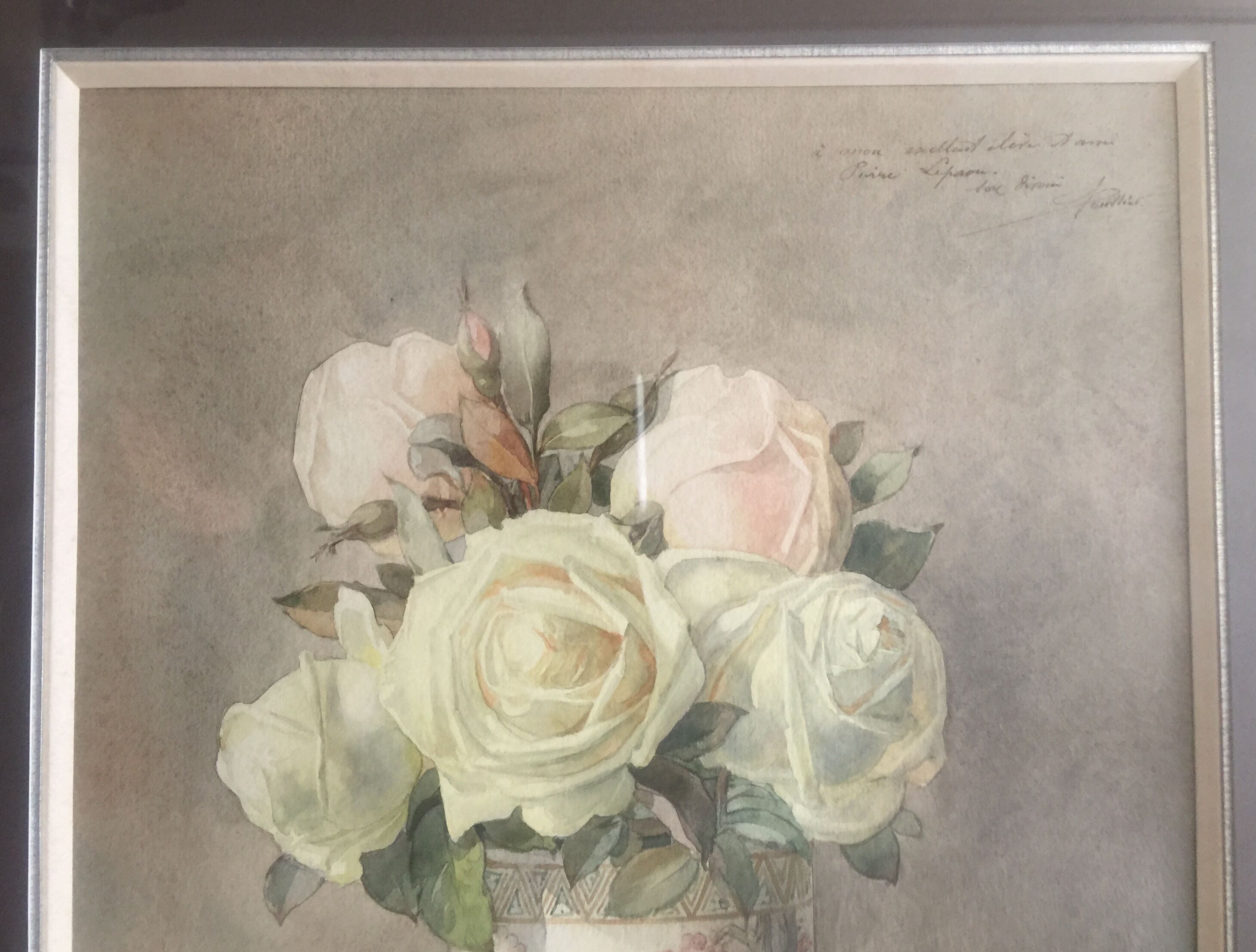 Ernest FOUSSIER 1901 "White roses in a Japanese vase"watercolor signed