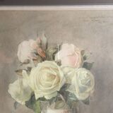 Aquarelle  "roses blanches dans un vase japonisant" signée ernest foussier 1901