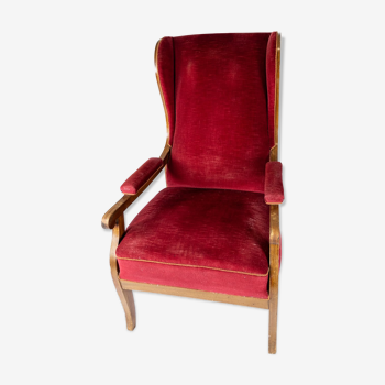 Fauteuil rembourré en velours rouge et d’acajou conçu par Frits Henningsen