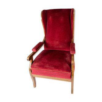 Fauteuil rembourré en velours rouge et d’acajou conçu par Frits Henningsen