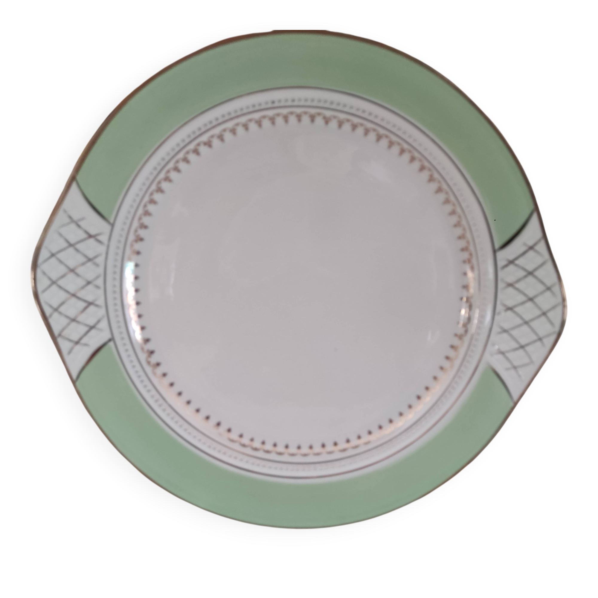 Pie dish with ears in water green and golden frieze l'Amandinoise