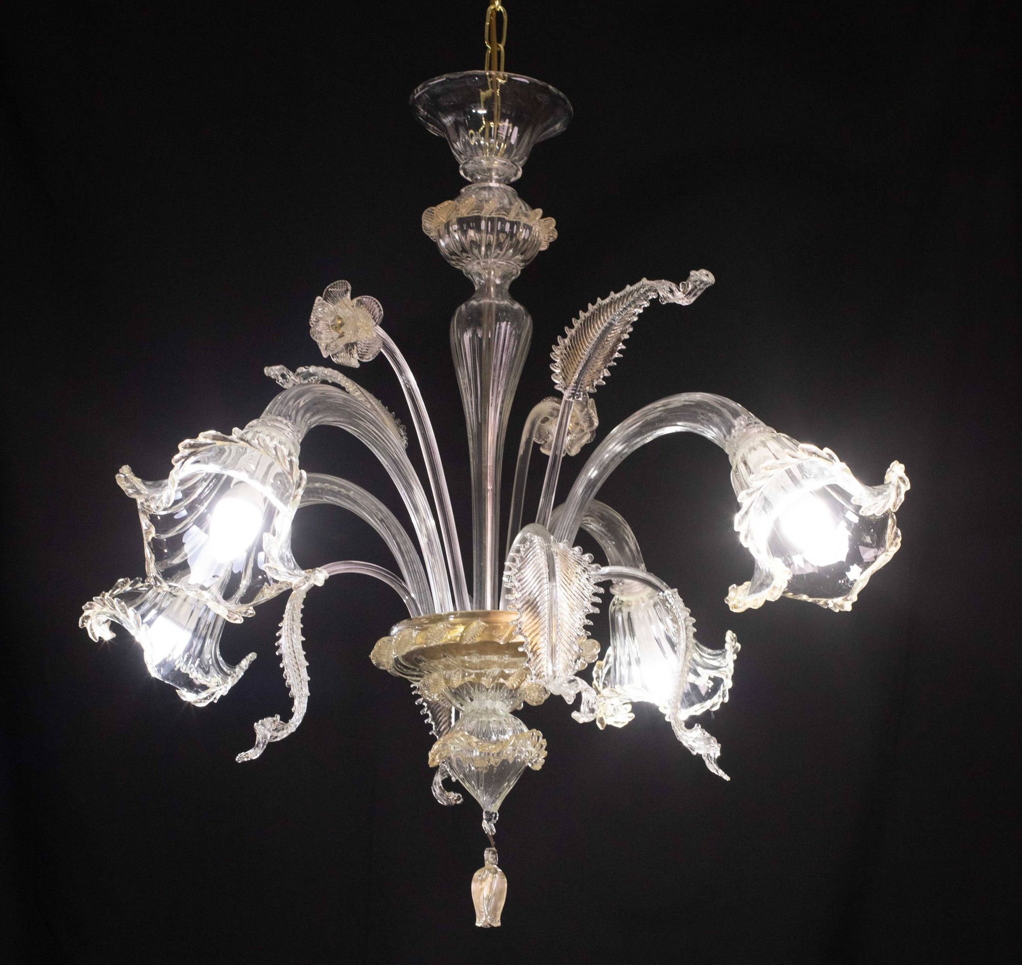 Charming vintage Venetian chandelier, transparent and gold Murano glass, 1970s