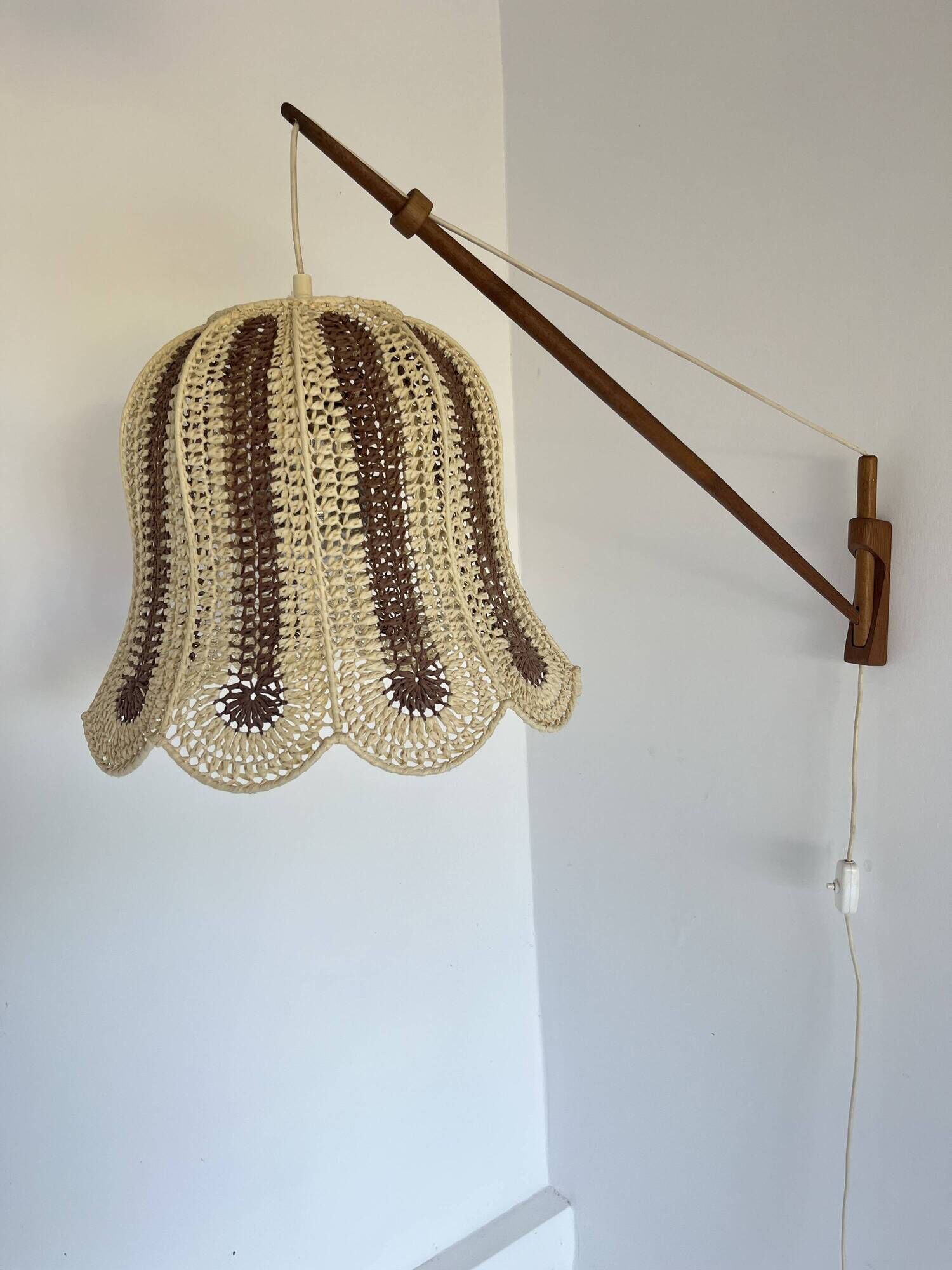 Mid-Century Modern Teak and Sisal Swing-Arm Wall Lamp, 1960s