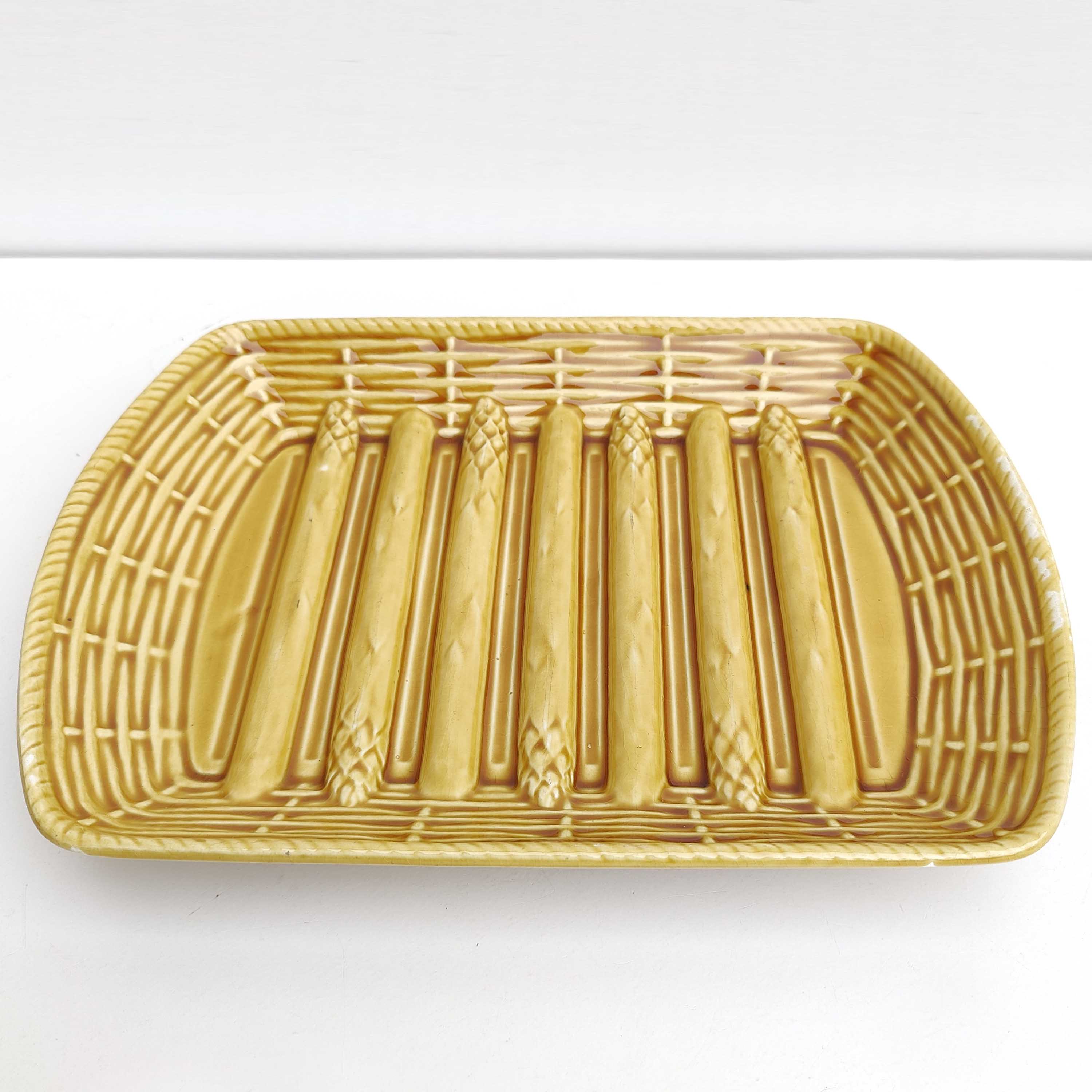 Asparagus dish in yellow ceramic slip sarreguemines France vintage