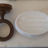 Porcelain soap holder and wooden wall mount