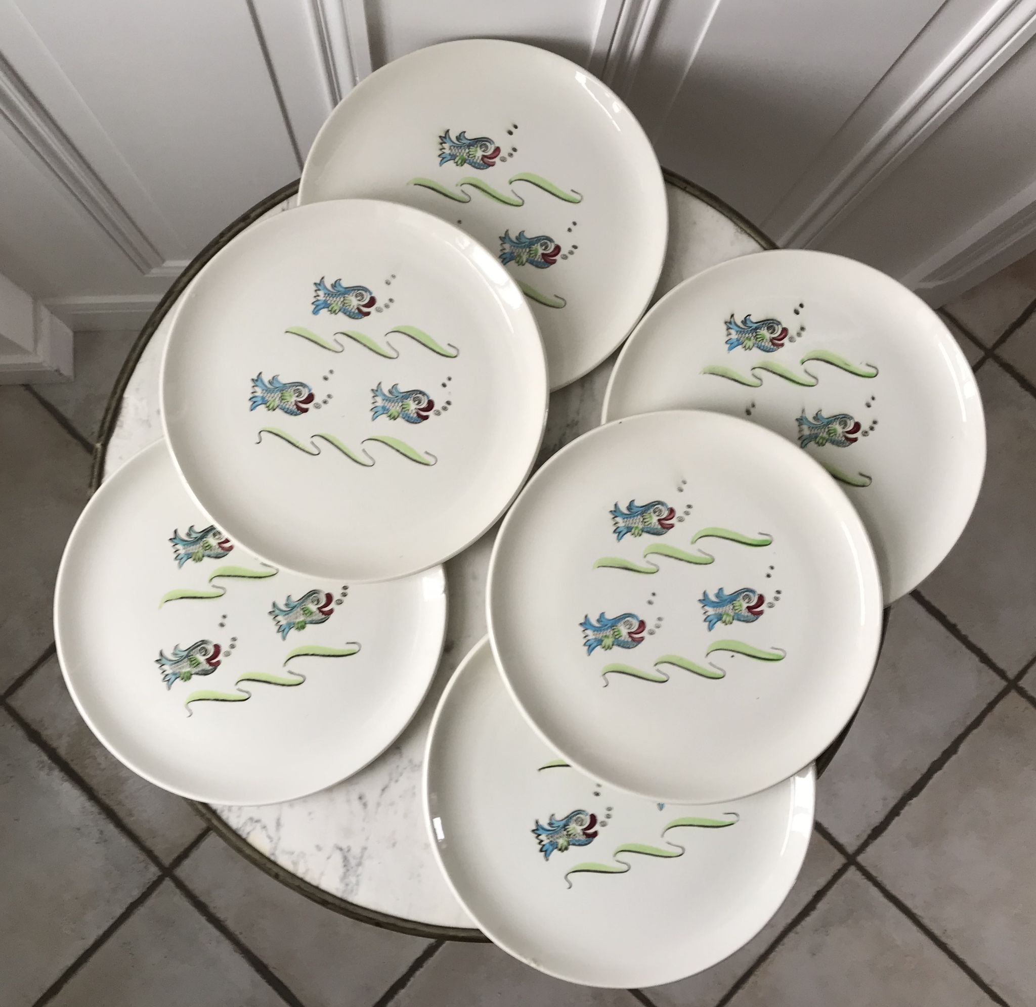 Lot de 6 assiettes plates modèle Poisson Saint-Amand années 50