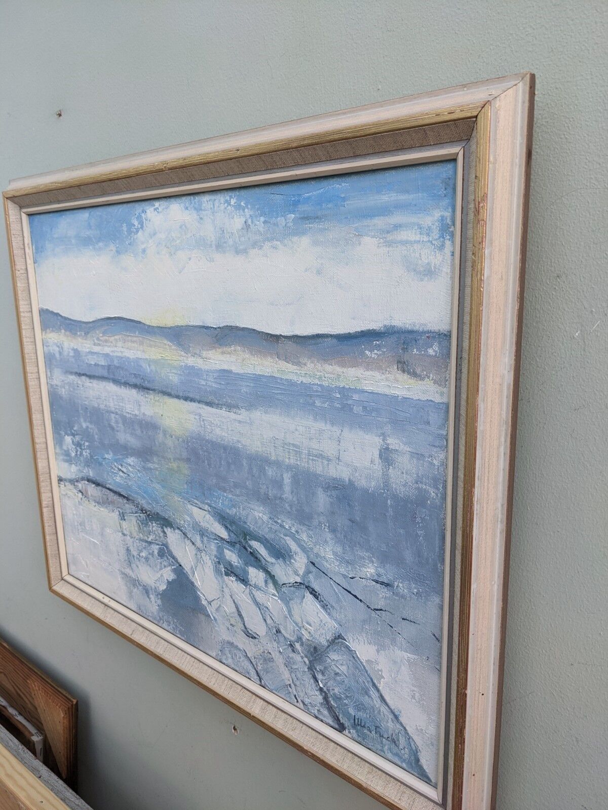 Vintage mid century framed oil painting, abstract coastal landscape - icy winter