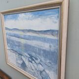 Vintage mid century framed oil painting, abstract coastal landscape - icy winter
