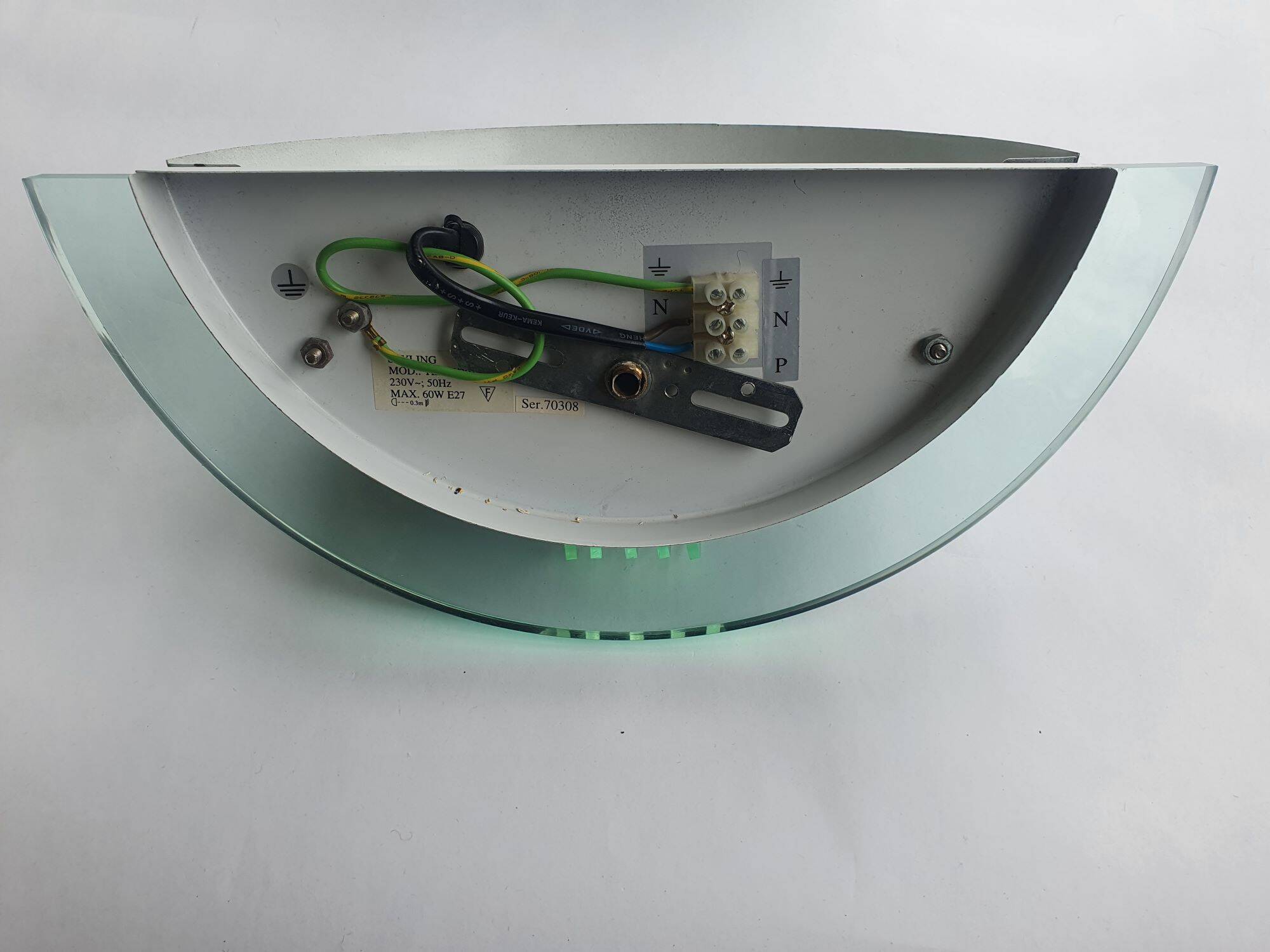 Pair of vintage black metal and plexiglass half-moon wall lights