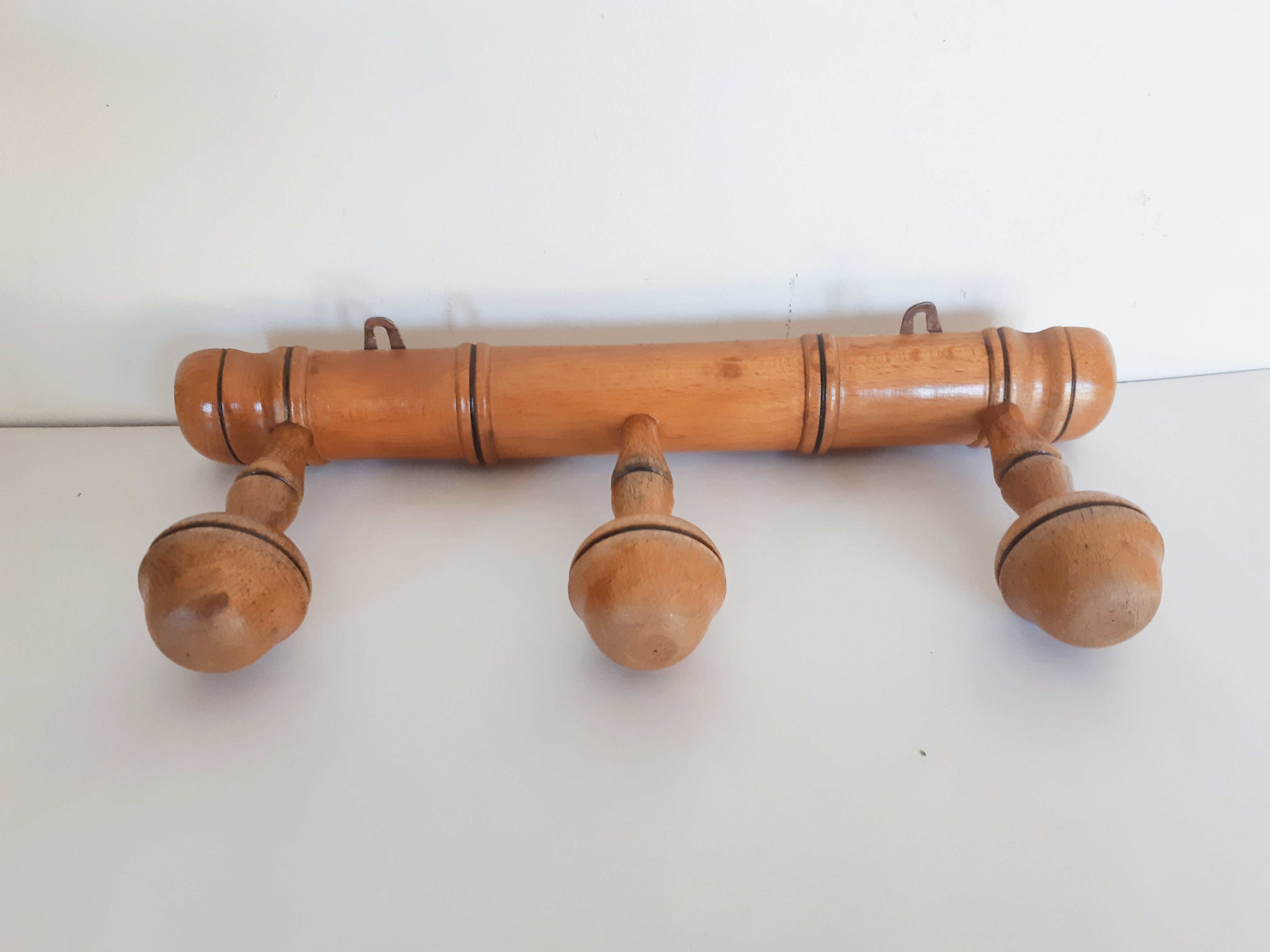 Wooden school coat rack, 3 heads, vintage French, 50s