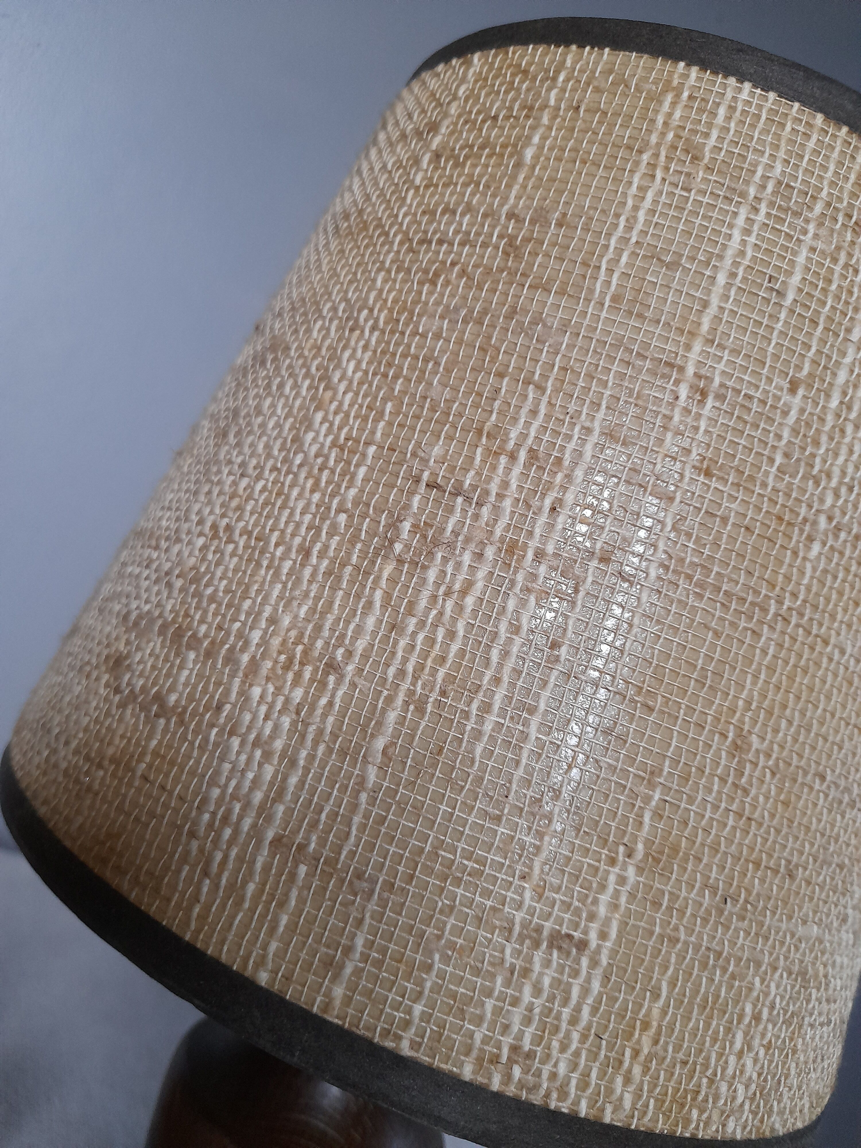 Table lamp foot turned wood, lampshade jute - vintage 1970