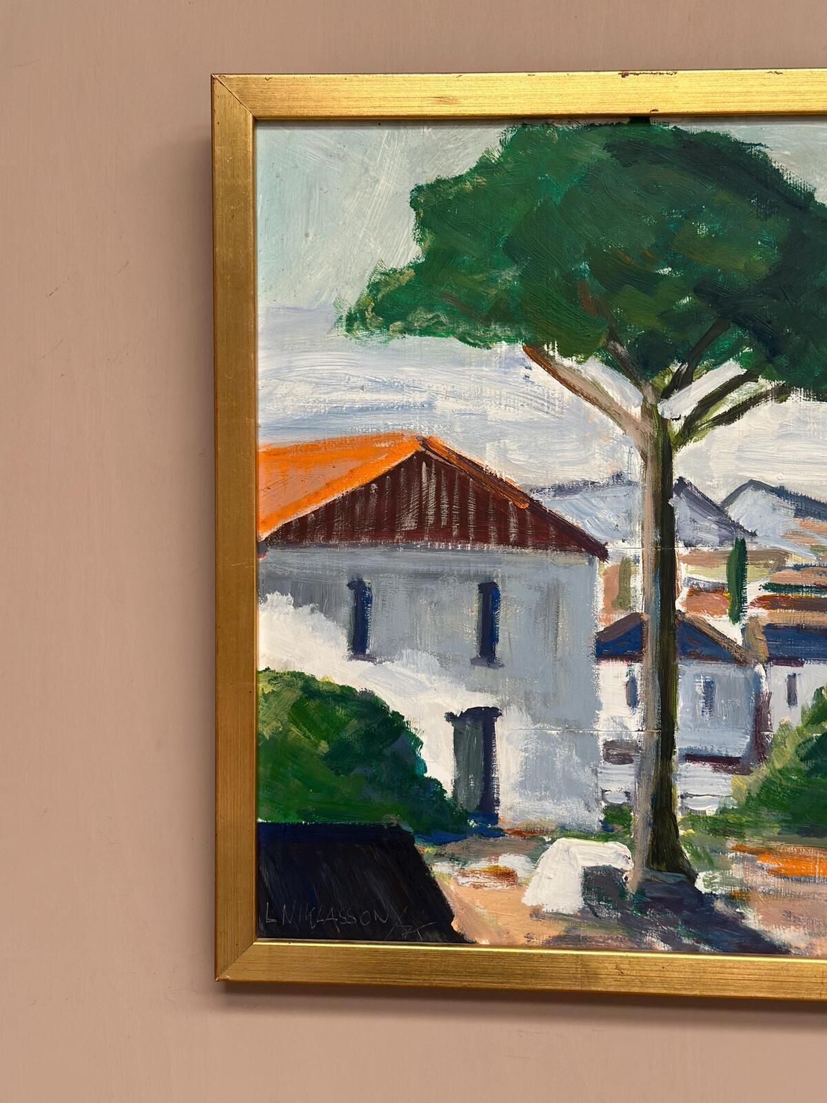 Swedish Oil on Panel – “Tree by the House” by L. Niklasson – Dated 1975 – V
