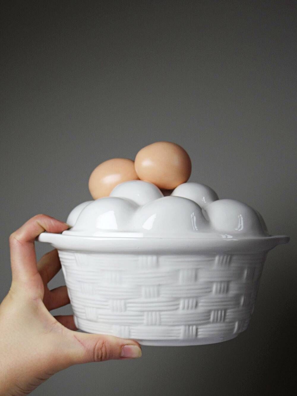 Vintage trompe-l’œil terrine with eggs in white earthenware, 1960s-1980s
