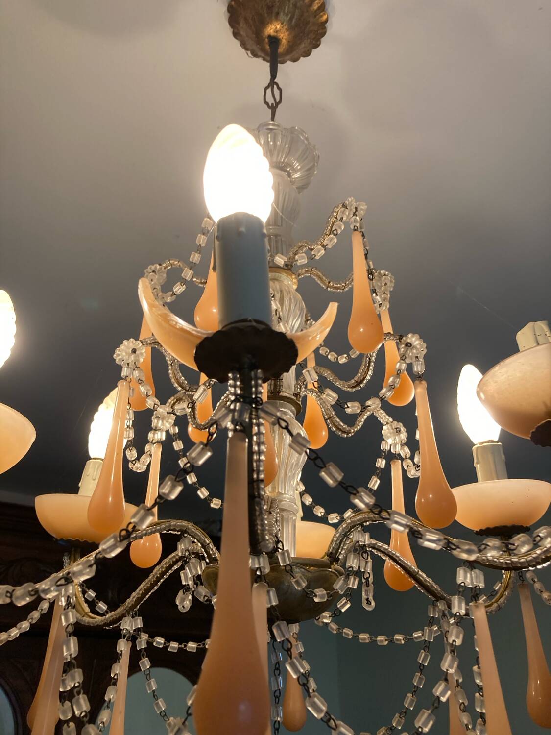 Superb antique chandelier brass/glass/Murano opal.