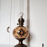 Electrified oil lamp in bronze and hand-painted Gien earthenware