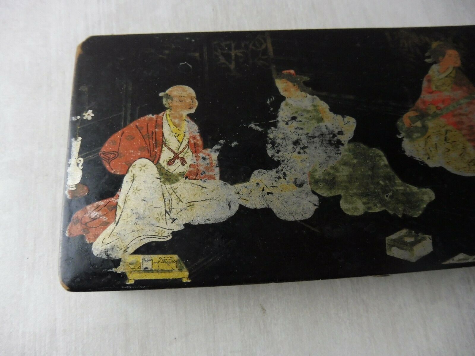 Old pen tray, Asian scene, in paper maché / boiled cardboard, Napoleon III
