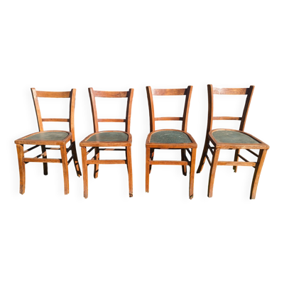 Suite de quatre chaises de bistrot en bois, assise verte, milieu XXᵉ siècle