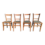 Set of four wooden bistro chairs, green seat, mid-20th century.