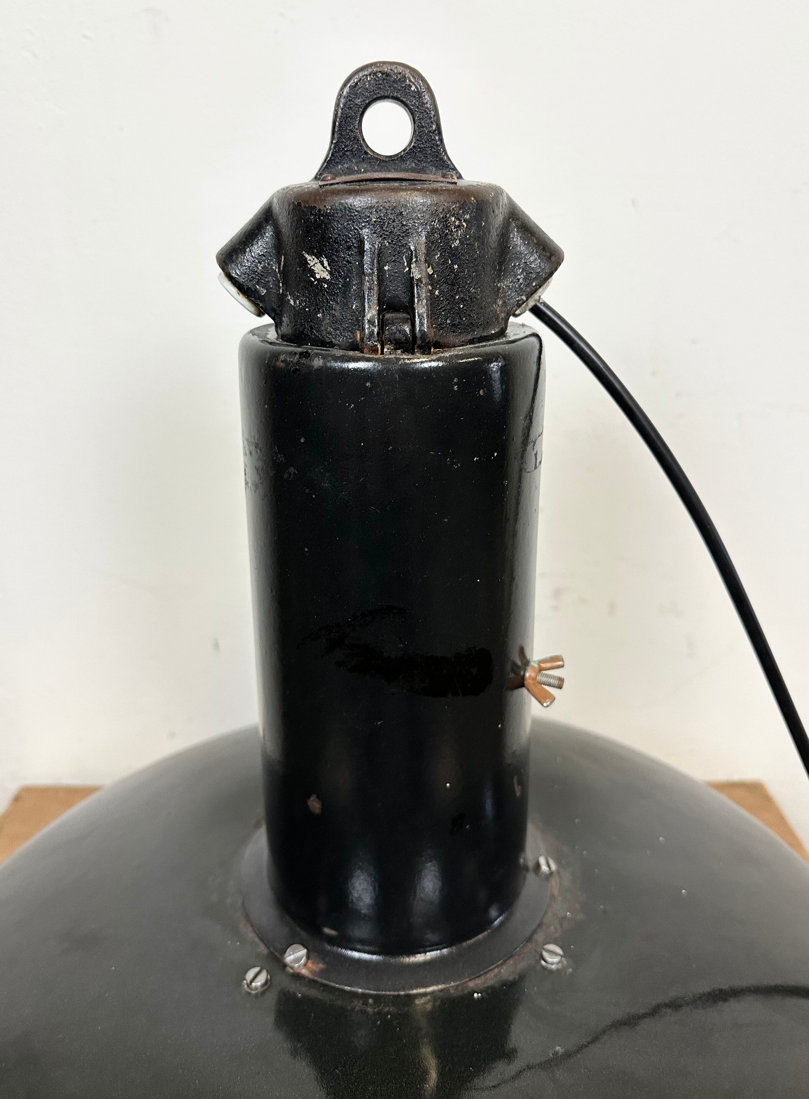 Industrial Black Enamel Factory Pendant Lamp with Iron Top, 1950s