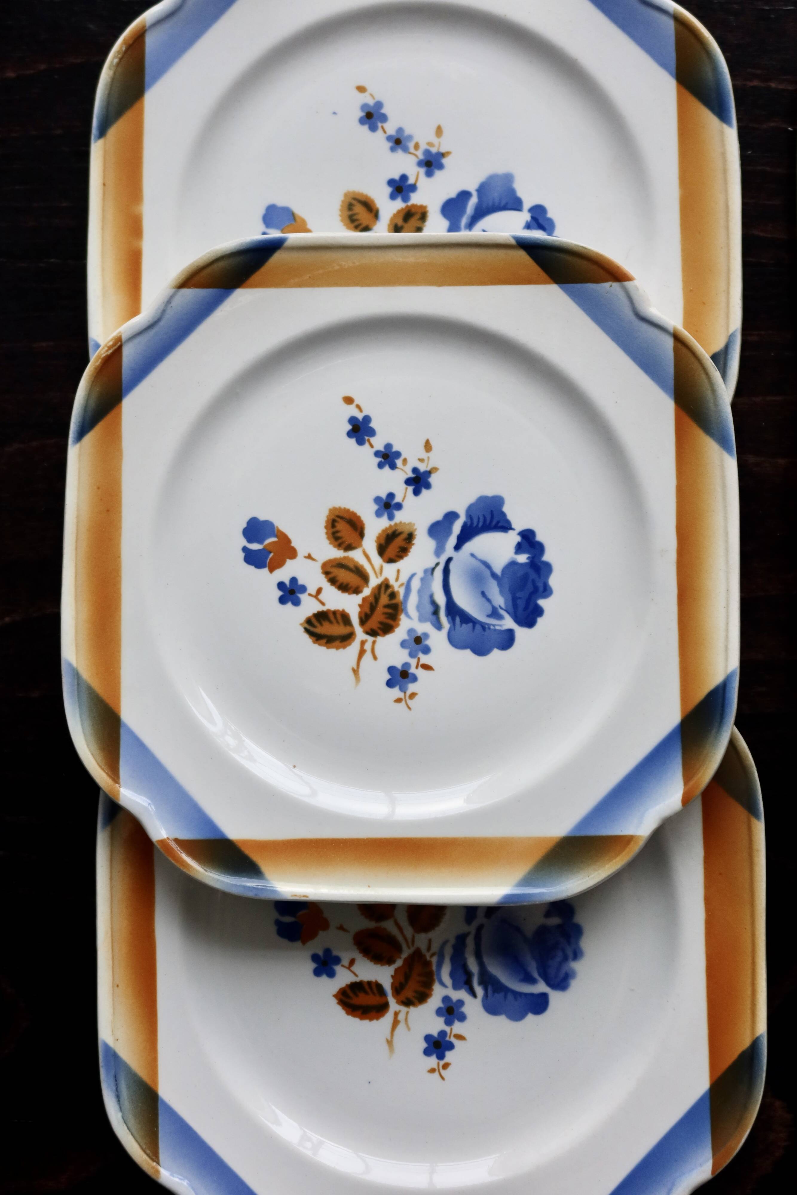 6 assiettes à dessert vintage carrées en faïence Saint Amandinoise