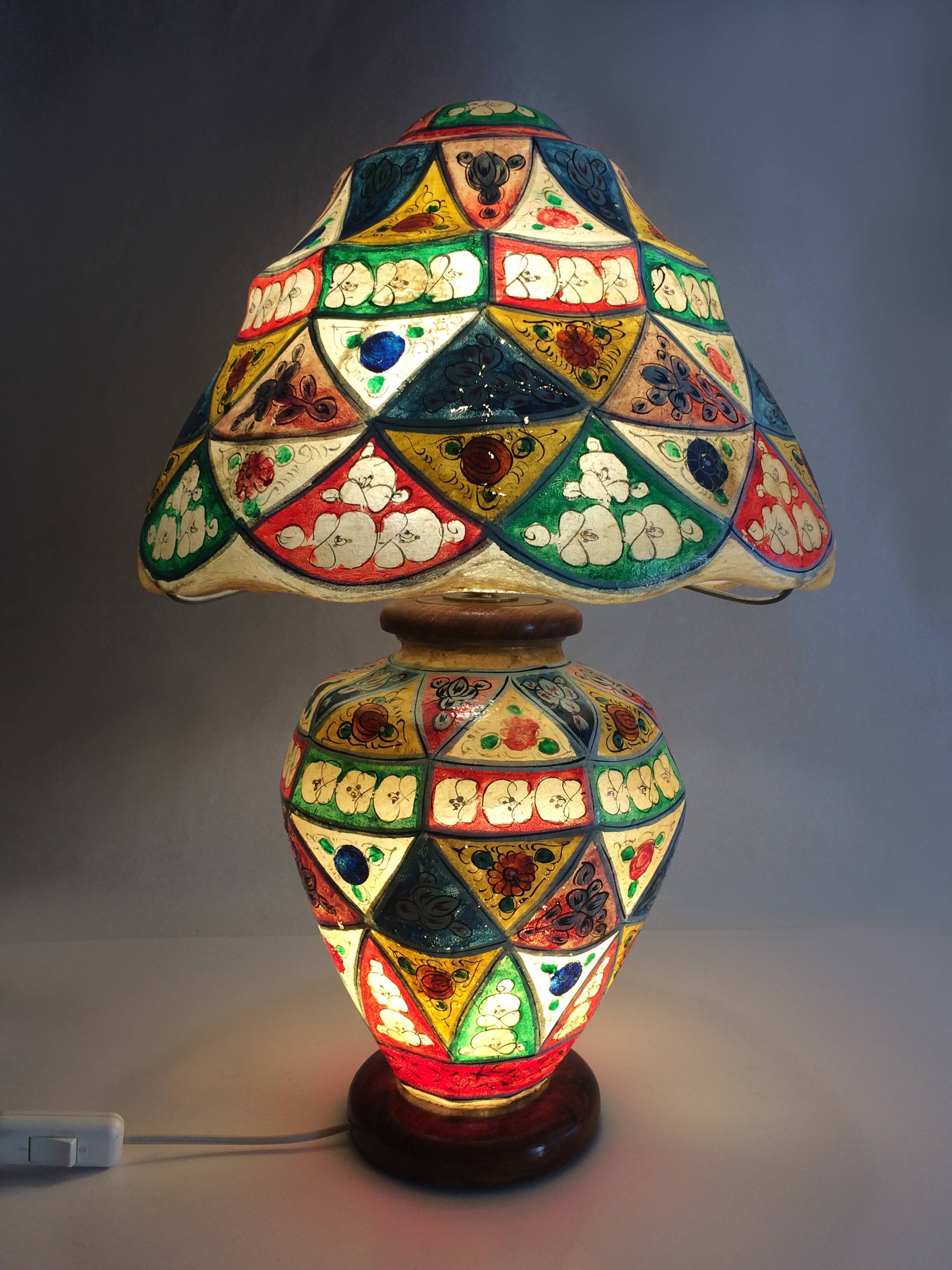 Ancient camel leather lamp and wooden base