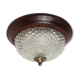 Ceiling light in glass, wood massif and brass of the 1960s