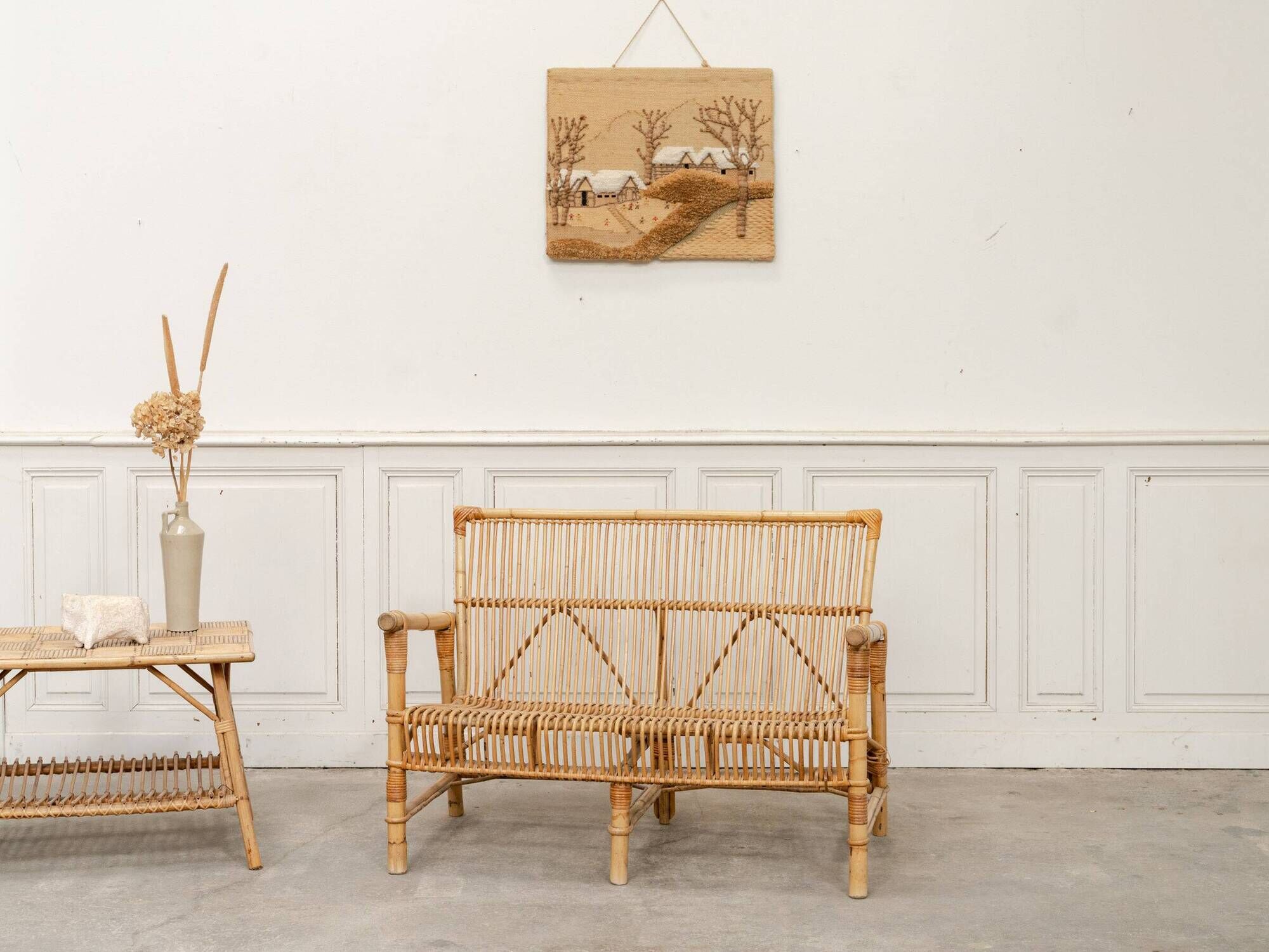 Vintage bamboo and rattan bench from the 1970s.