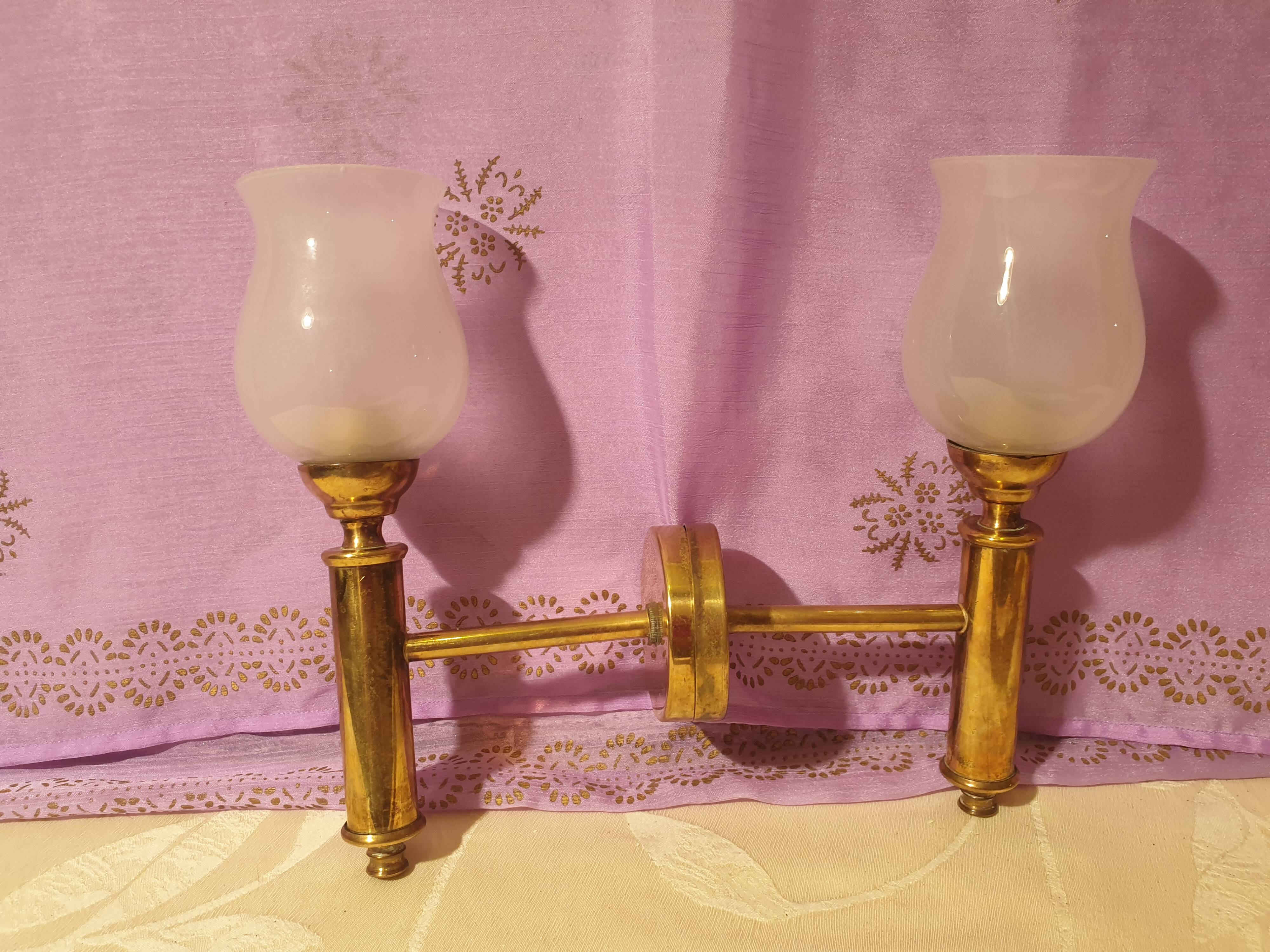 Pair of vintage design brass and opaline wall lights