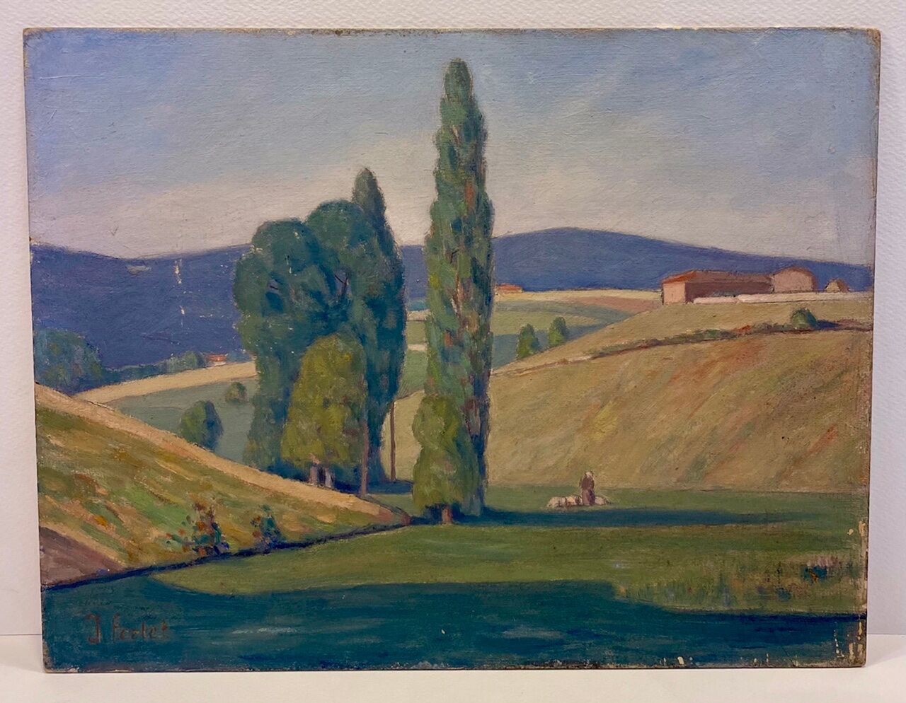 Tableau ancien, paysage Monts du Lyonnais daté 1948 et signé