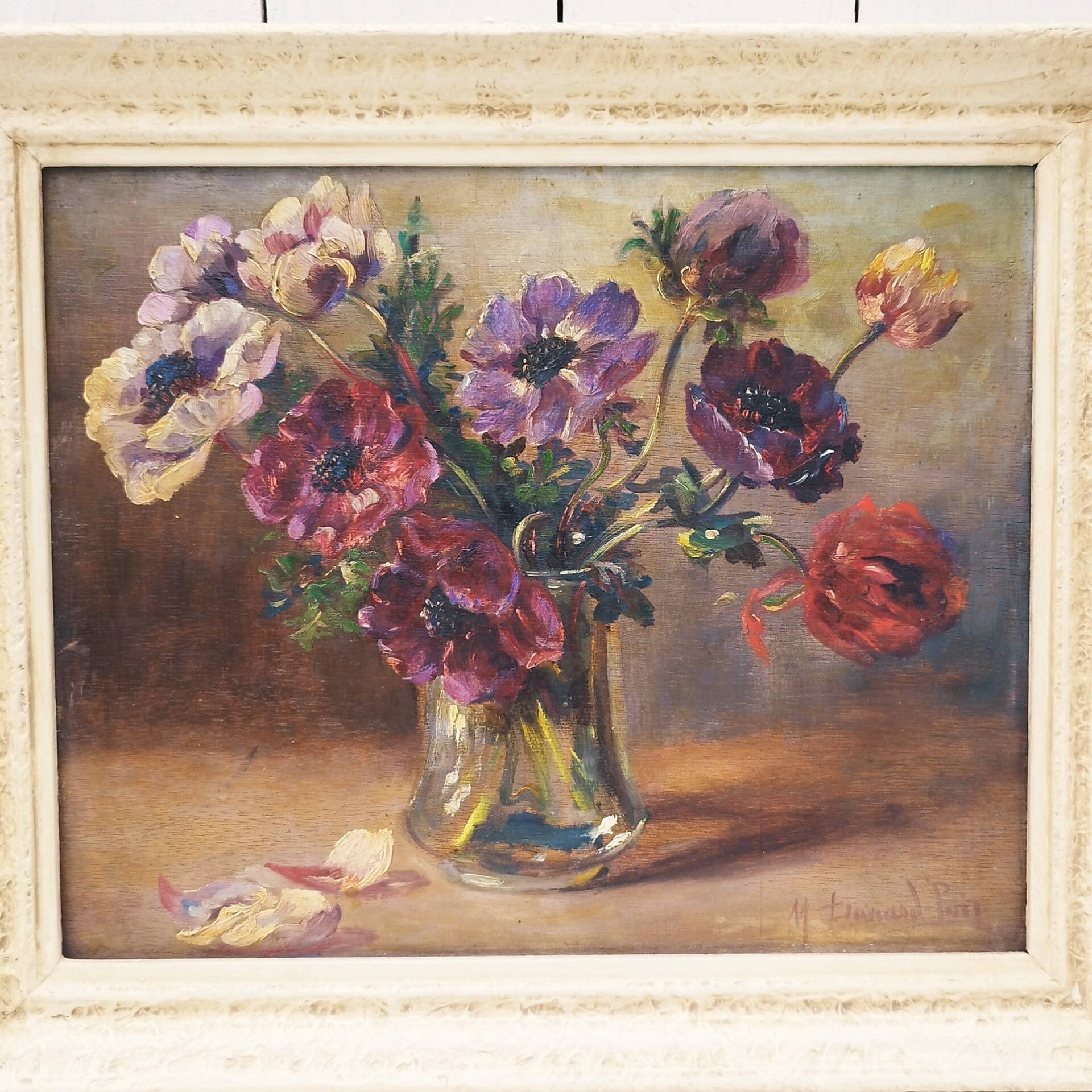 Oil on panel bouquet of anemones Marthe Puig