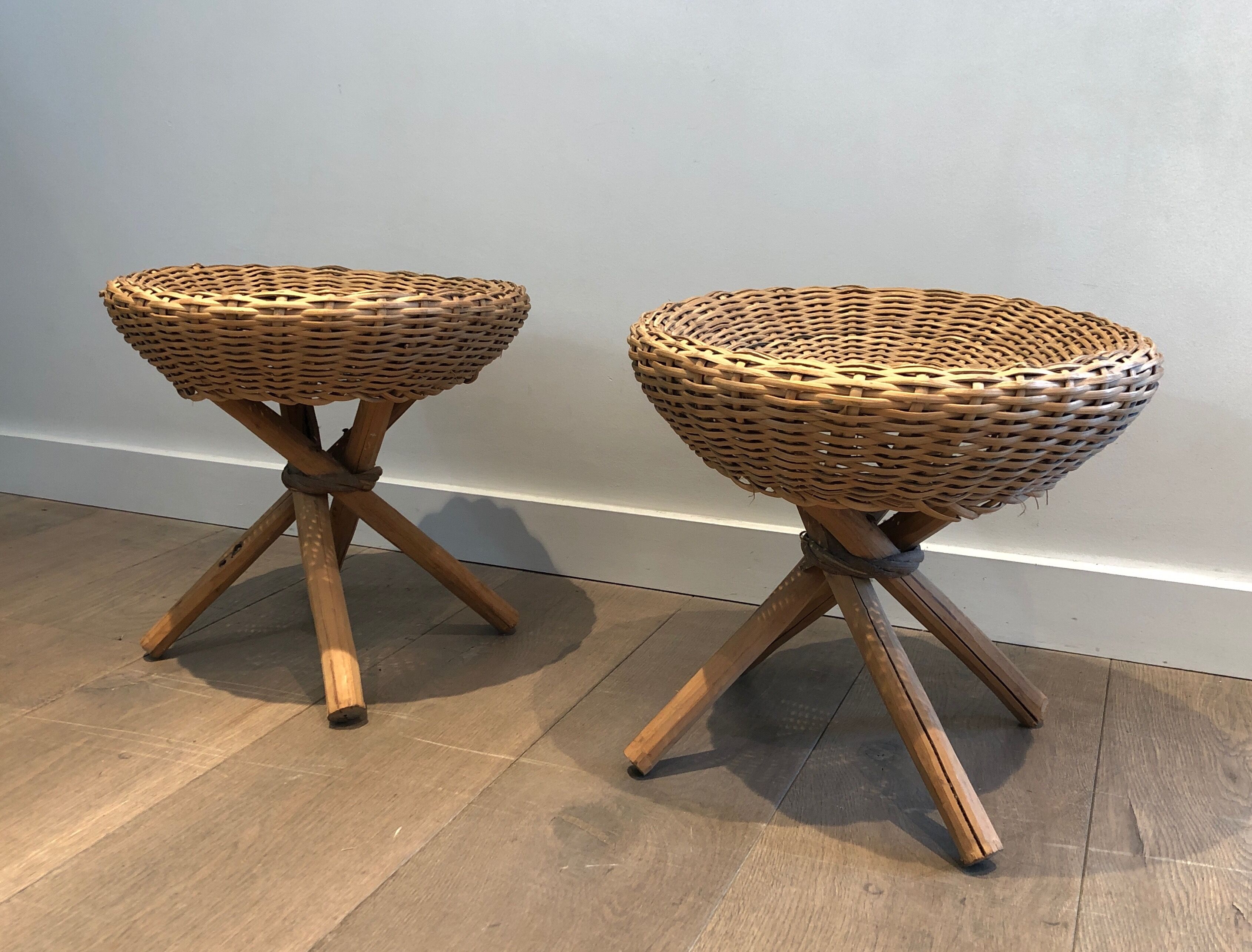 Pair of rattan stools. french work. around 1970