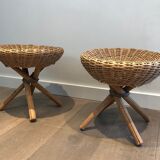 Pair of rattan stools. french work. around 1970