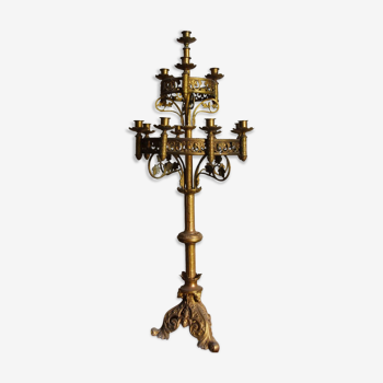 Candélabre d'eglise néo-gothique antique chandelier en laiton du 19ème siècle