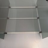 Vintage coffee table in smoked glass, black metal and cast aluminum