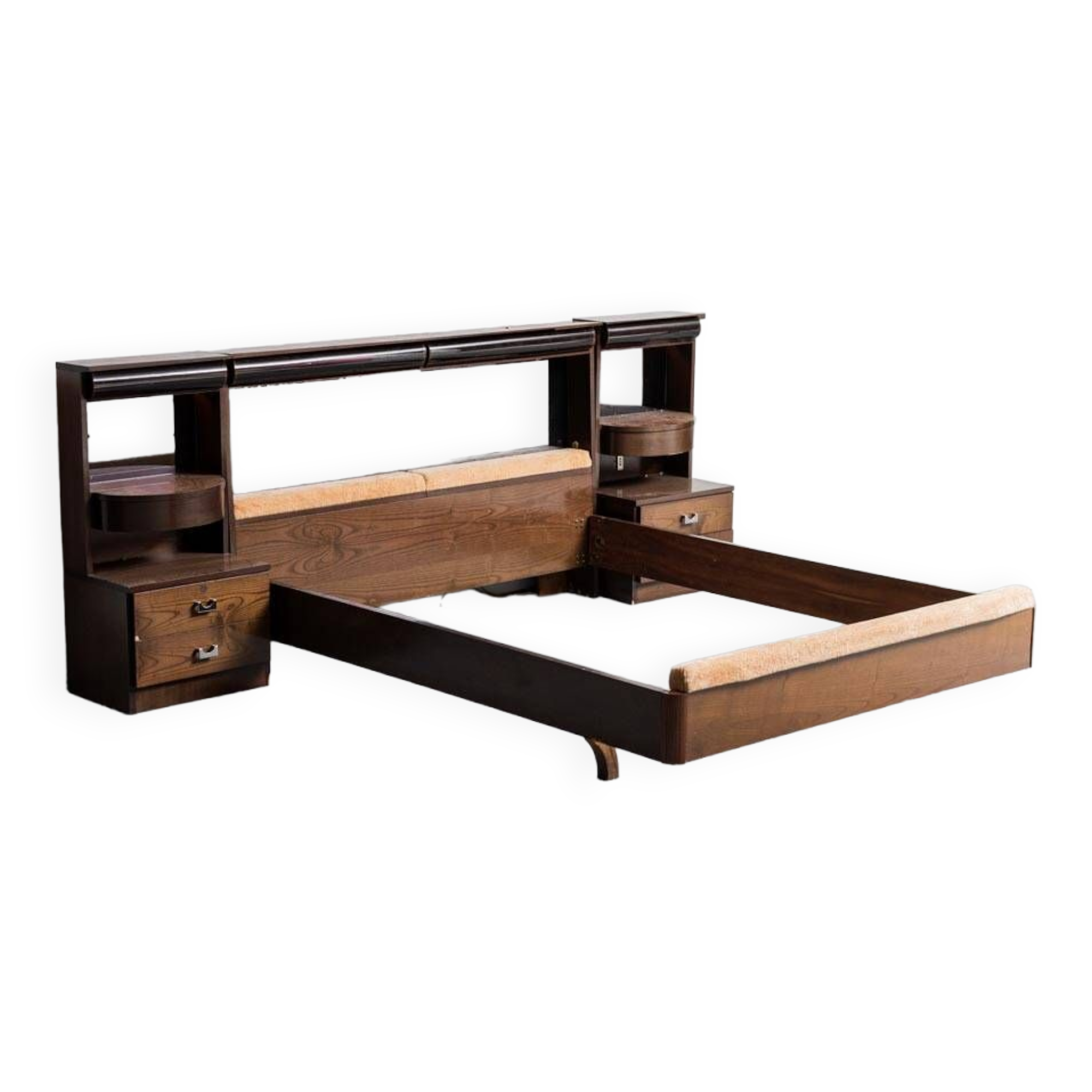 Letto matrimoniale legno tessuto anni ’70 vintage modernariato