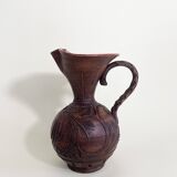 Terracotta Pitcher Vase with Enameled Interior and Engraved Wood Effect
