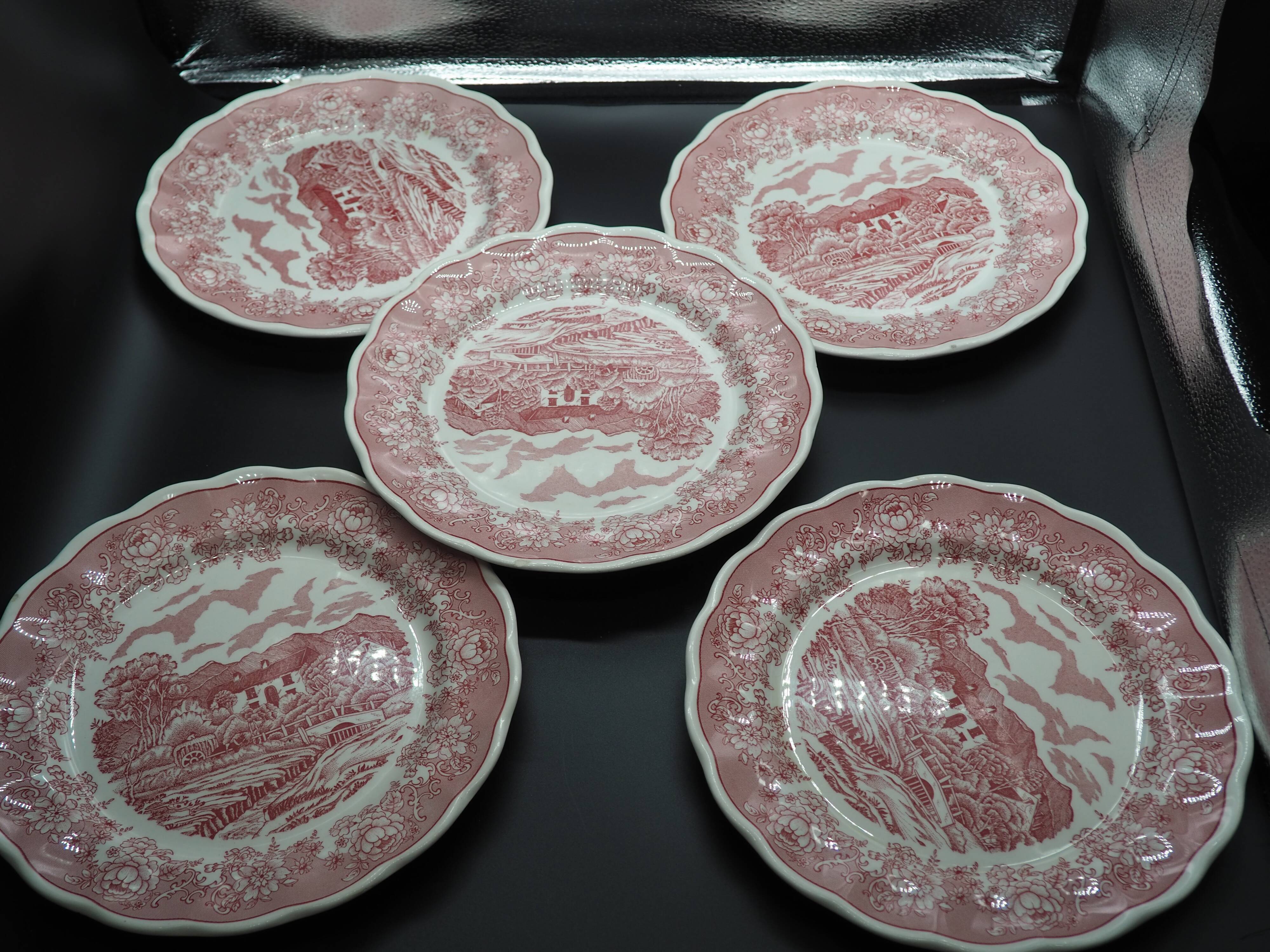 5 red English Landscape pattern dinner plates