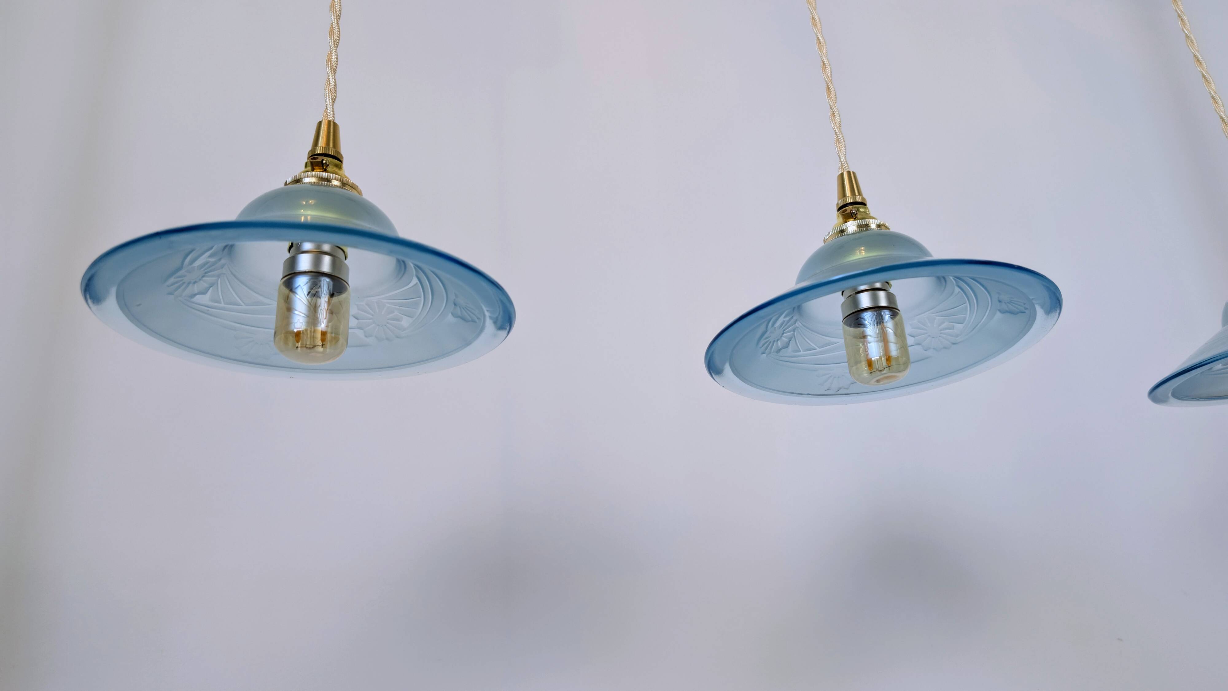 Art Deco blue glass pendant light, moulded glass shade — Ø19 cm — 3 available