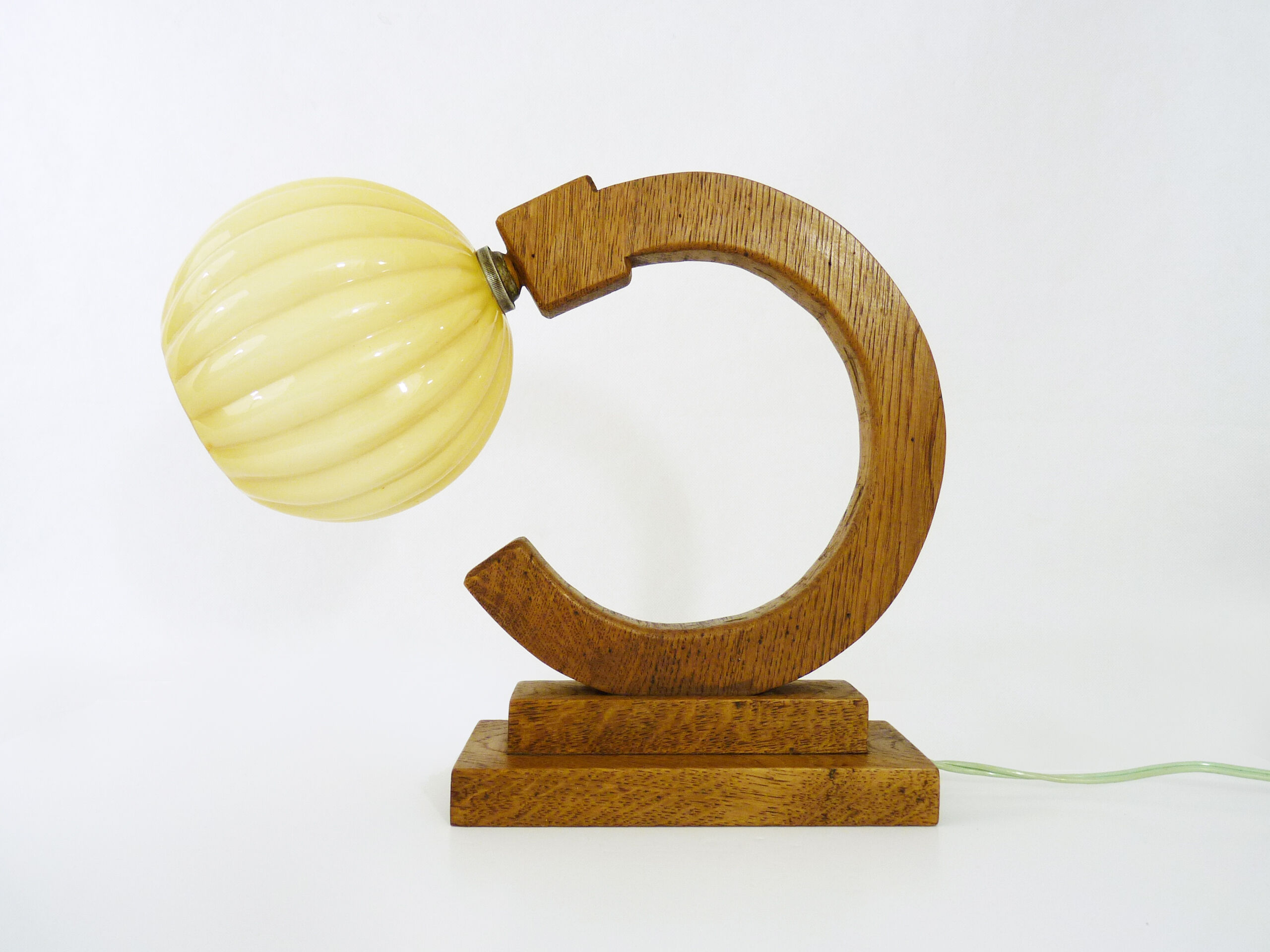 Art deco modernist wooden table lamp globe in yellow glass