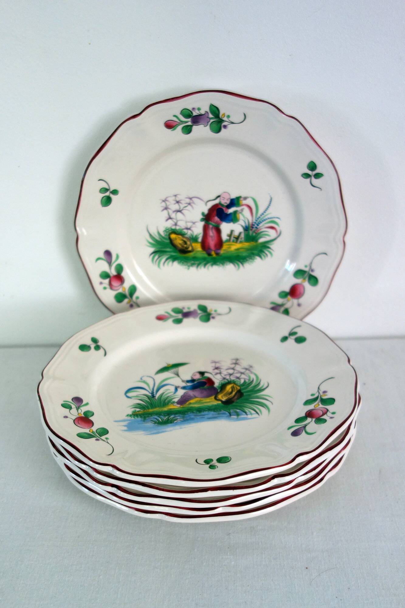 6 Saint Clément Luneville dessert plates with Chinese decoration