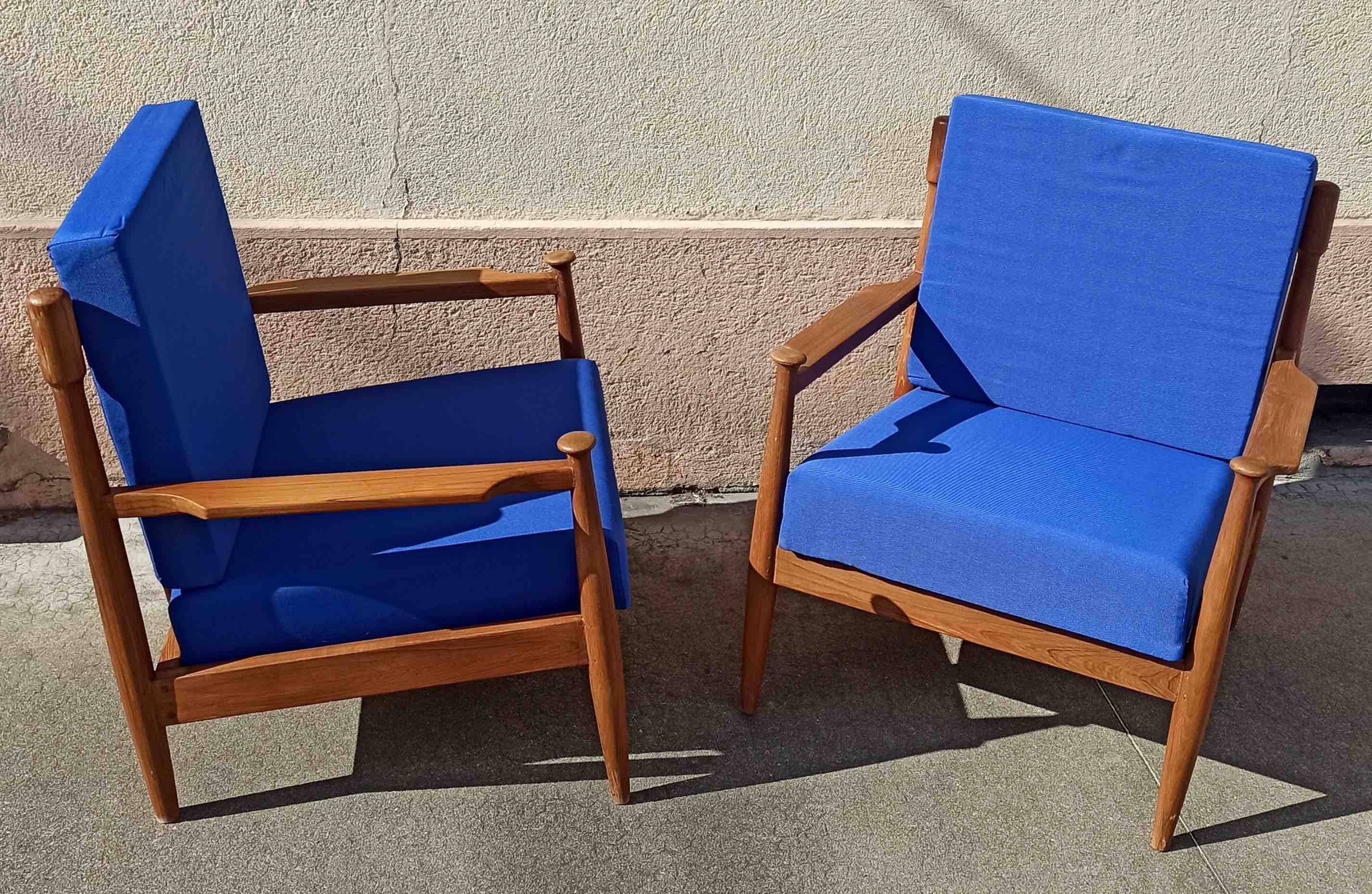 Pair of 1960s Scandinavian armchairs with blue cushions