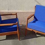Pair of 1960s Scandinavian armchairs with blue cushions