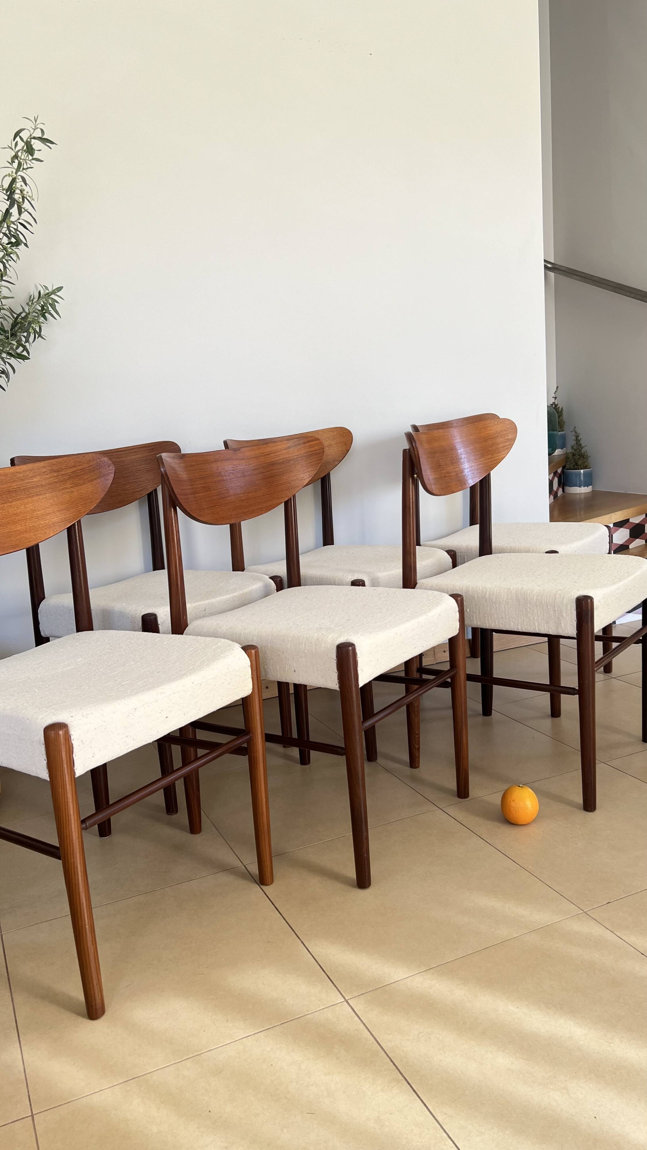 Set of 6 Scandinavian style Danish teak upholstered chairs. 1960s