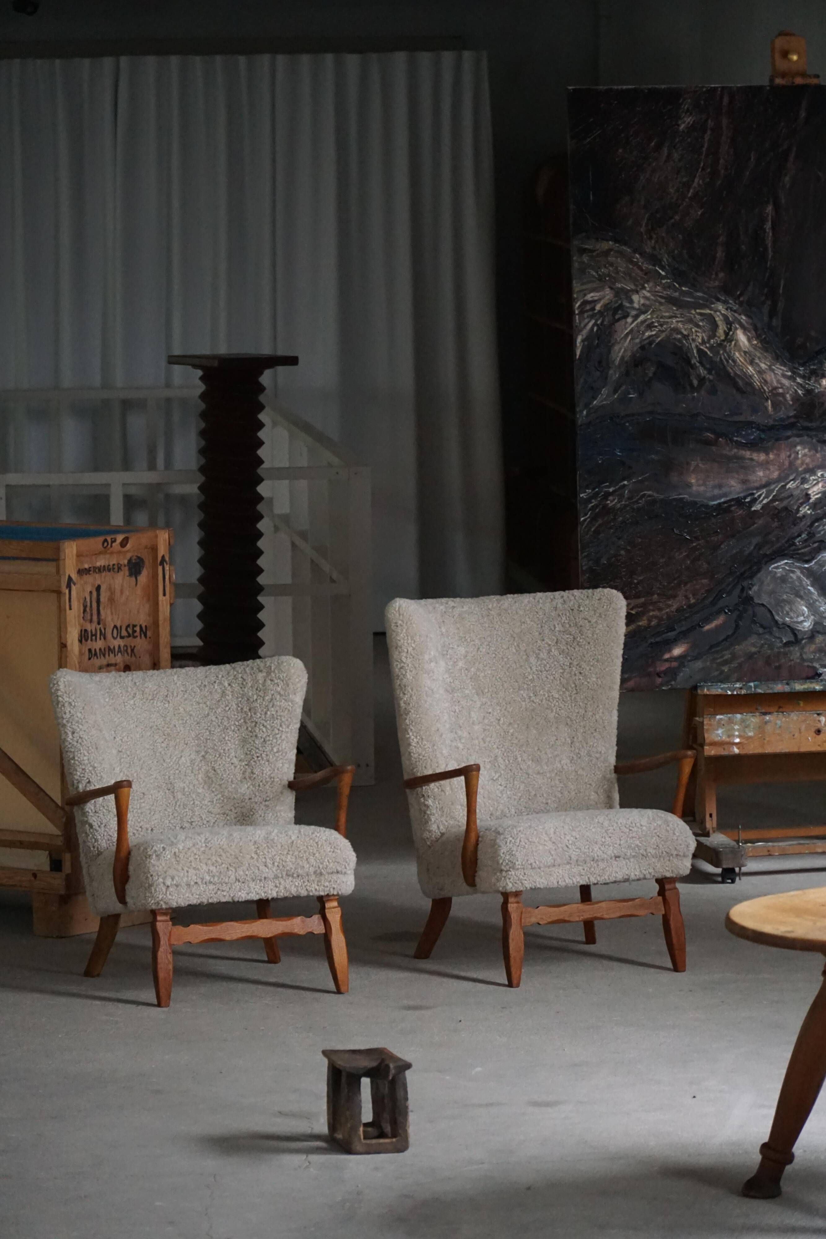 Viggo Boesen, Lounge Chair in Oak and Sheepskin Shearling, Modern Danish, 1950s