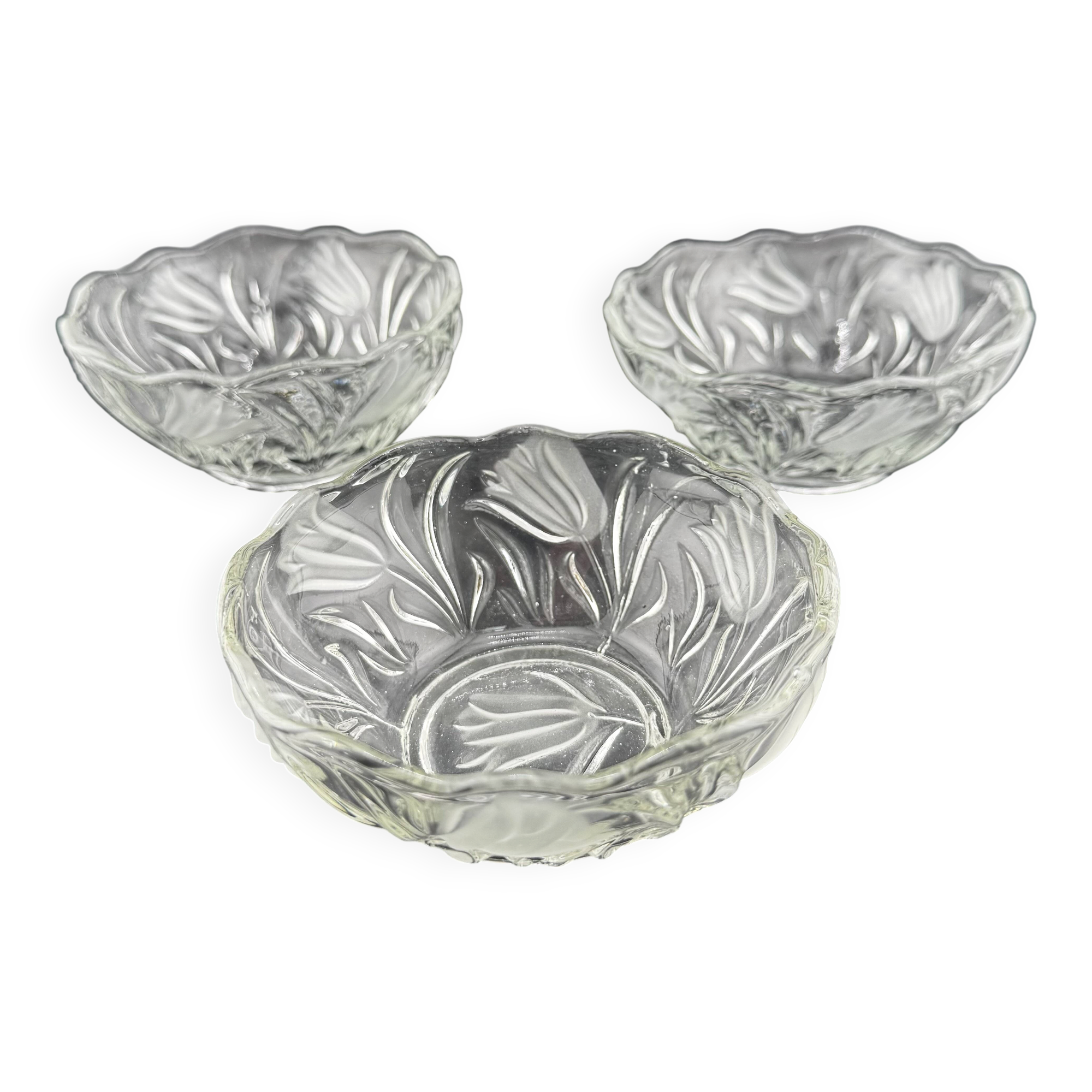 Small Pressed Glass Bowls with Frosted Tulip Decor - Vintage Bowls
