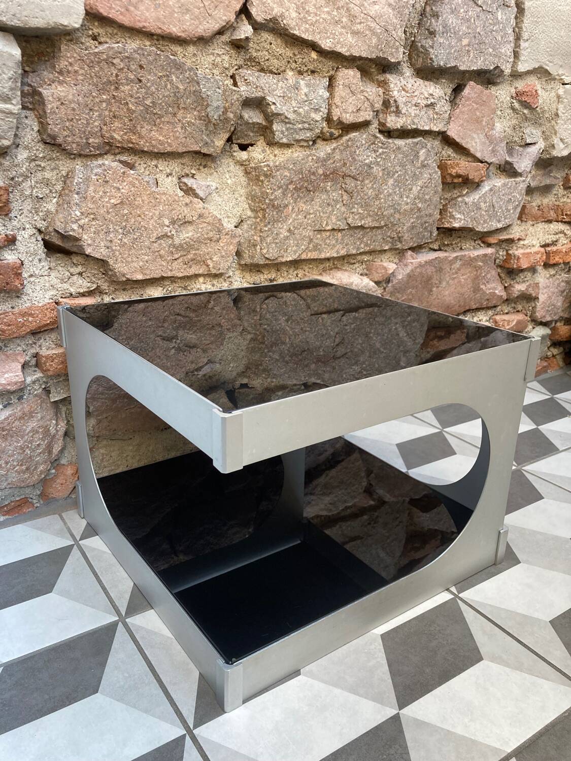 70s aluminum and glass side table