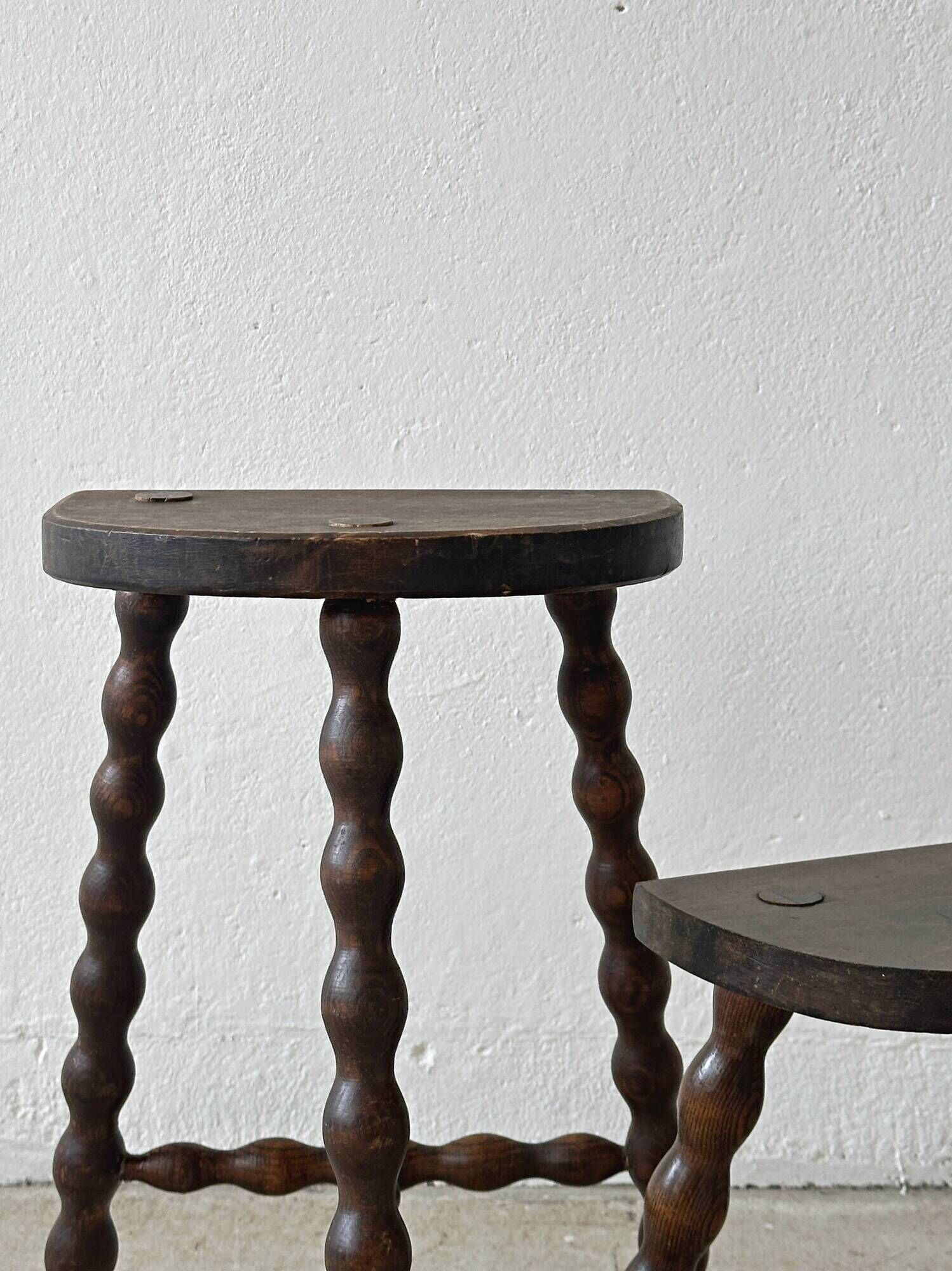 vintage French farm stool in turned wood