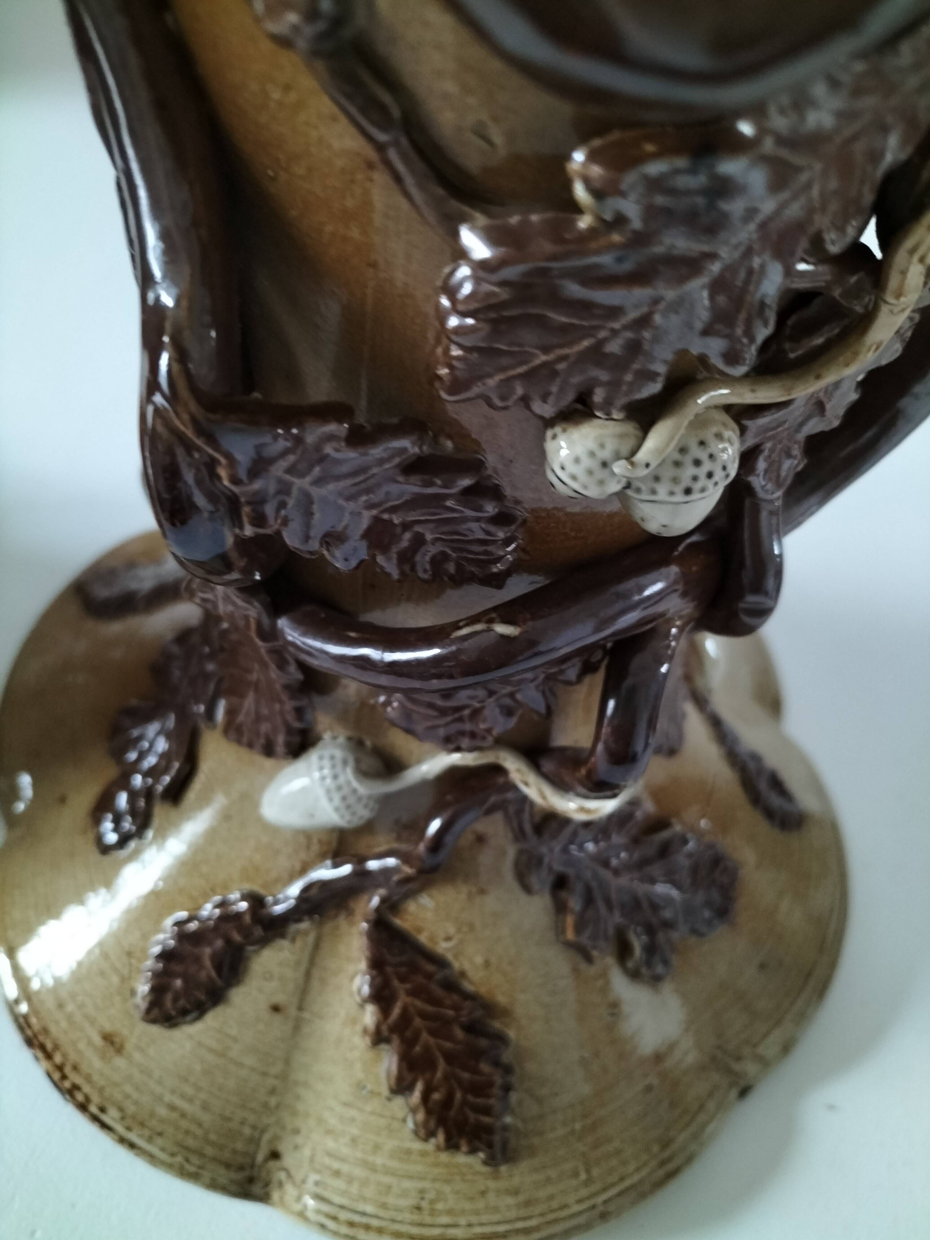 Duo of naturalistic stoneware vases – oak branches & acorns in relief